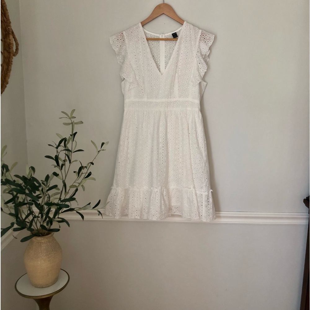 SHEIN White mini Sundress, Eyelet Embroidery with Ruffle Trim